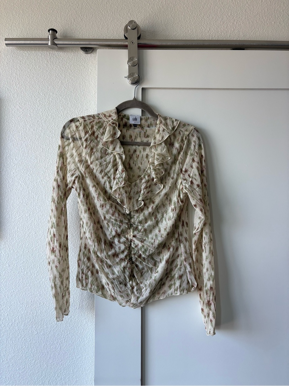 CAbi Cream Blouse with Olive and Brown Leaf Print & Ruffled V-Neck